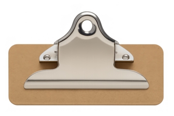 Clipboard displaying blank board with metal clip for documents, paperwork, and office organization on transparent background
