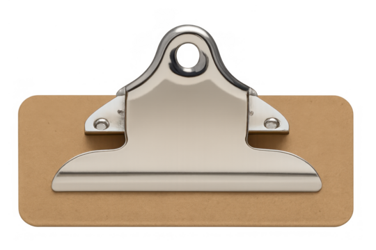 Clipboard displaying blank board with metal clip for documents, paperwork, and office organization on transparent background