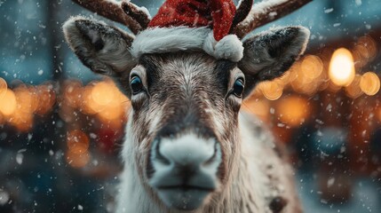 Close up portrait of a reindeer wearing a santa hat with blurred festive lights and falling snow in the background