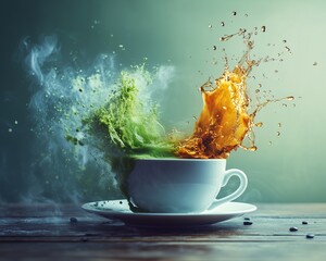 matcha vs espresso moment with matcha forming swirling cloud and espresso erupting in splash, surreal energy battle 