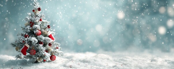 A snow covered Christmas tree decorated with red ornaments and stockings in snowy landscape, concept for holiday greetings, festive background and seasonal promotions