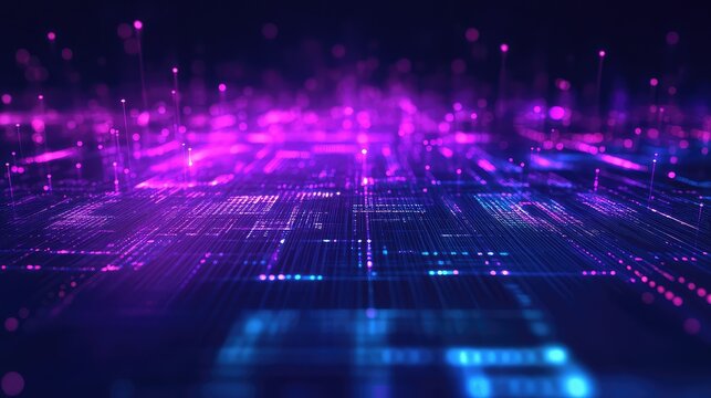 Digital circuit board with glowing data processing information