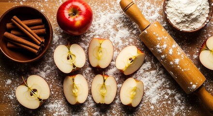 Apple pie preparation with fresh apples cinnamon sticks and rolling pin ingredients for baking on a wooden surface