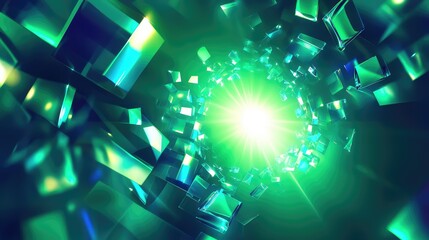 Abstract green light reflecting on glass cubes