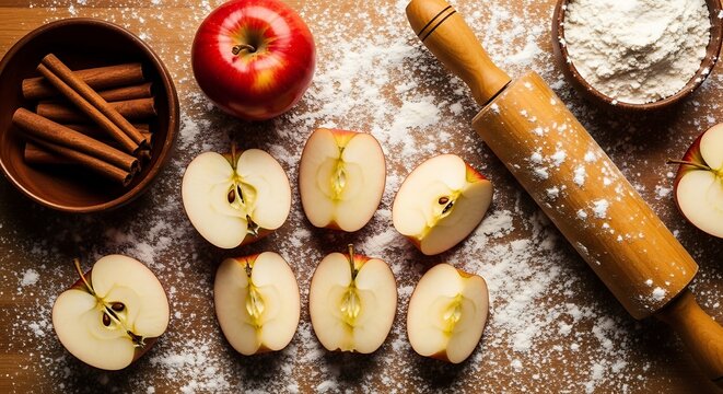 Apple pie preparation with fresh apples cinnamon sticks and rolling pin ingredients for baking on a wooden surface