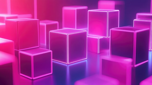 Neon glowing pink and purple cuboid shapes background