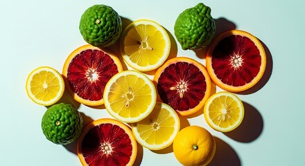 Overhead shot of sliced citrus fruits including lemons blood oranges and bergamot arranged on a white surface for a fresh and vibr