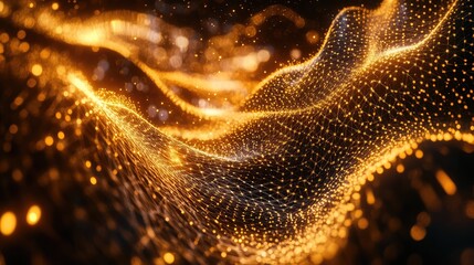 Golden glowing plexus network forming waves of digital data