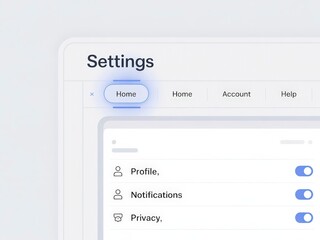 A digital interface displaying a settings menu with options like Home, Profile, Notifications, and Privacy, featuring a clean and modern design.