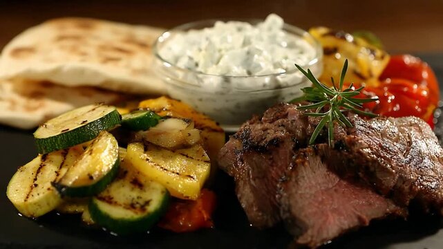 Delicious Grilled Steak and Summer Vegetables Served with Tzatziki Sauce.