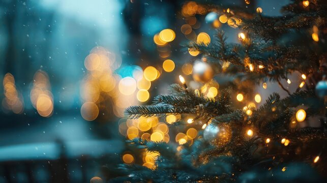 Softly blurred festive christmas tree lights creating a magical bokeh effect with warm golden and cool blue tones