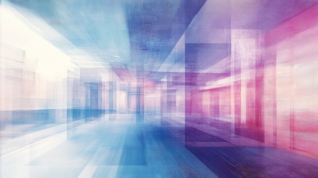 Modern abstract architecture perspective with transparent blue and pink grid