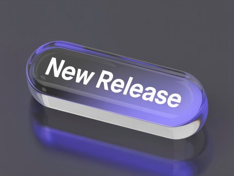 A glossy button displays "New Release" in bold, signifying an announcement or launch in a sleek, modern design.