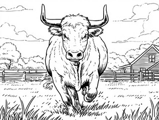 Ranch bull in pastoral field with barn and fence line