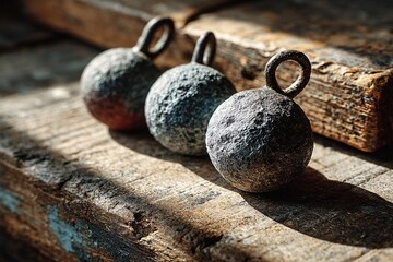 Rustic iron weights on weathered wood surface