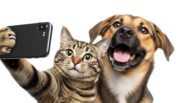 Cat and dog taking a selfie together isolated on transparent background