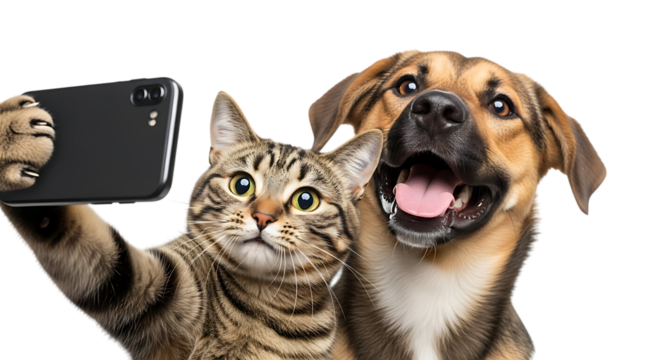 Cat and dog taking a selfie together isolated on transparent background