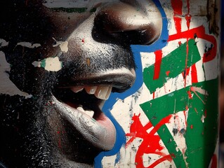 Vibrant street art portrait with bold colors and textured layers