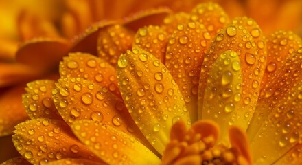 Fototapeta premium Vibrant Orange Flower Petals Adorned with Fresh Dewdrops.