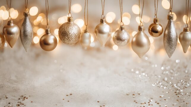 Elegant collection of vintage christmas ornaments hanging with soft bokeh lights and sparkling glitter background