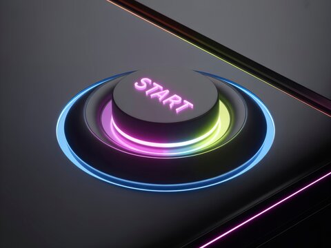 A glowing "START" button with colorful illumination, set against a sleek, dark background, conveying a sense of technology and innovation.