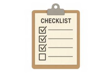 Clipboard with a checklist icon, showing completed items with check marks and one pending task. Transparent background