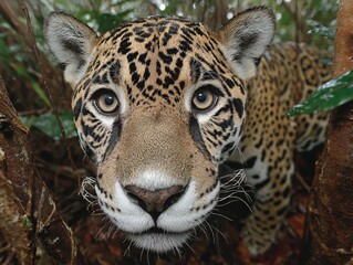 Intense jaguar gaze in lush rainforest habitat