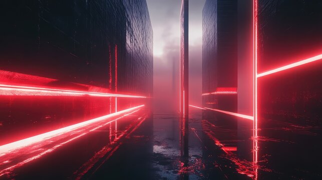 Futuristic cyberpunk street with glowing red neon lights