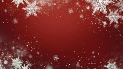 Festive red background with falling snowflakes and subtle light effects creating a winter holiday atmosphere