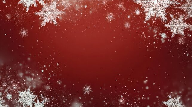 Festive red background with falling snowflakes and subtle light effects creating a winter holiday atmosphere