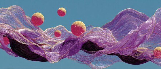Abstract wave pattern with floating spheres in vibrant purple and gold