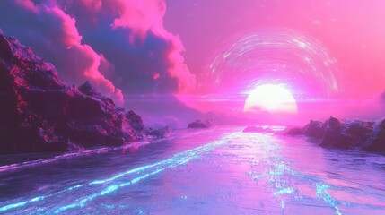 Retro futuristic neon sunset over alien ocean landscape