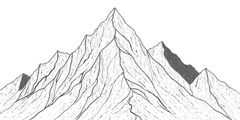 Hand drawn monochrome mountain range peak illustration line art