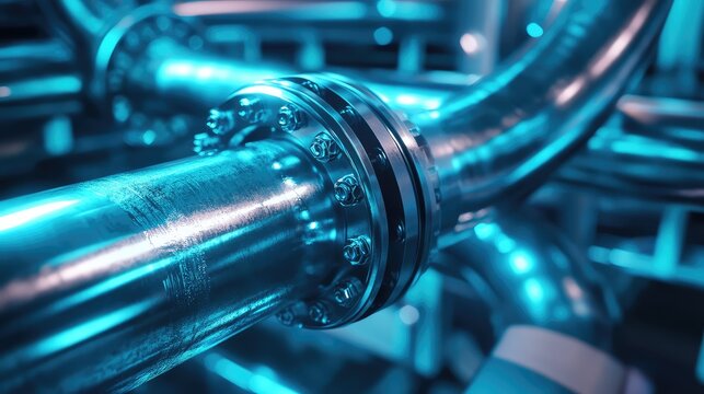 Industrial piping system connecting metal pipes with flange bolts