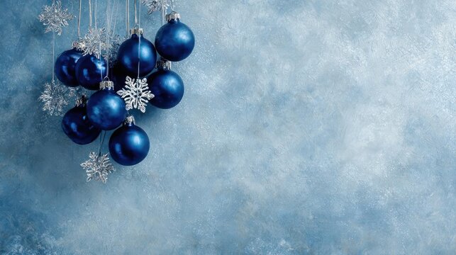 Deep blue christmas ornaments with silver snowflakes hang against a textured cool blue background with copy space