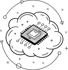 Illustration of a computer chip on a cloud with geometric shapes in a black and white design