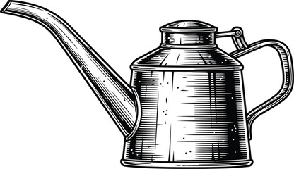 Monochrome line icon of a vintage oil can with a long spout and handle tool