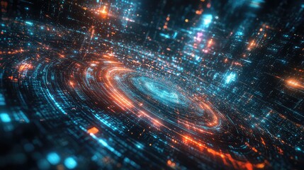 Abstract digital data processing with swirling light trails