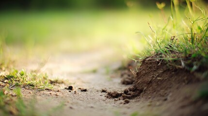 spodumene. Small depression in lawn with scattered soil fragments and textured ground. real-estate listings, architecture portfolios, designed for real-estate listing and luxury residence showcases.