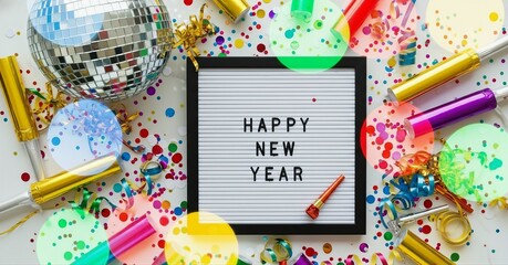 Sparkling Happy New Year celebration, disco ball and colorful confetti create festive fun, perfect for party invitations and cheerful holiday greetings for everyone