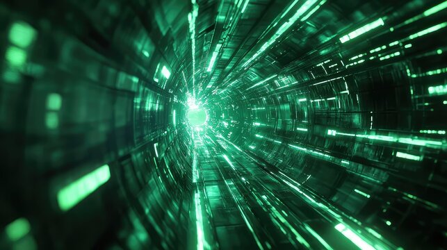 Green glowing futuristic tunnel network data stream