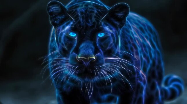 A hyper-realistic photograph of a black leopard, its coat covered in dark stripes, eyes glowing bright blue as it stares directly into the camera. The image captures the leopard's full posture, 