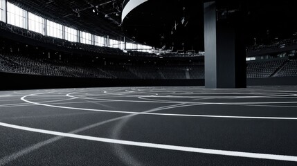 velodrome. Vast empty indoor cycling arena with circular track under dim lighting. event key visuals, club posters, designed for sports event promotions and stadium branding.