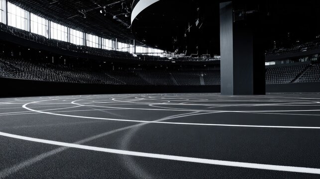 velodrome. Vast empty indoor cycling arena with circular track under dim lighting. event key visuals, club posters, designed for sports event promotions and stadium branding. - Powered by Adobe