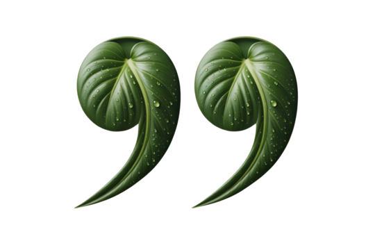 Two green fern fronds shaped like quotation marks isolated on transparent background