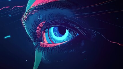 Futuristic eye digital illustration with neon light trails