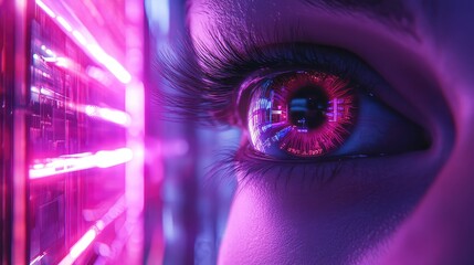 Cyborg eye reflecting futuristic digital city network