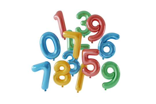 Collection of colorful number balloons isolated on transparent background