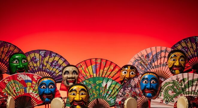 Korean shamanic ritual background, colorful fans and drum masks