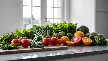 Vibrant Assortment of Fresh Organic Fruits and Vegetables on a Modern Kitchen Counter in Natural Light